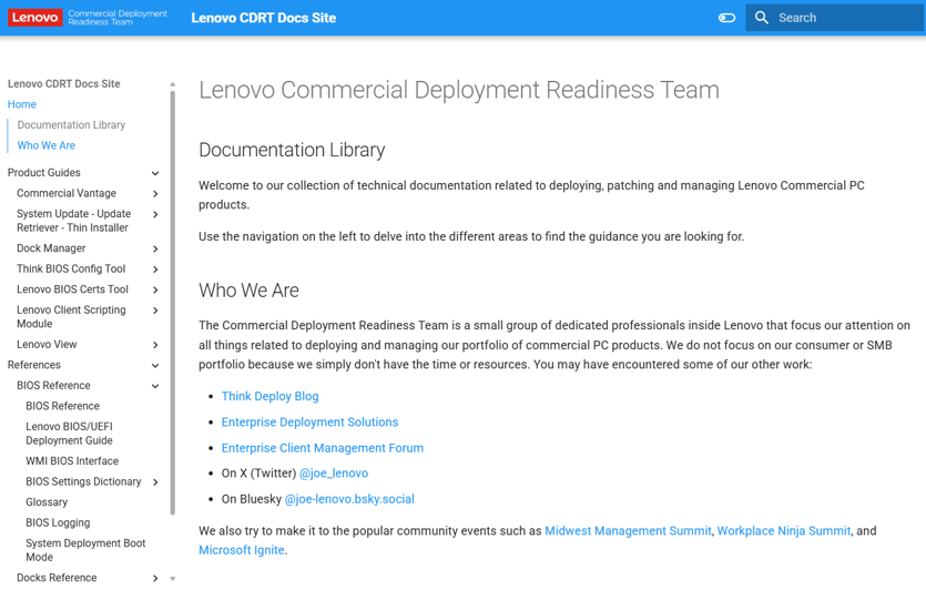 The CDRT Docs Site home page, with navigation to product guides and reference material.