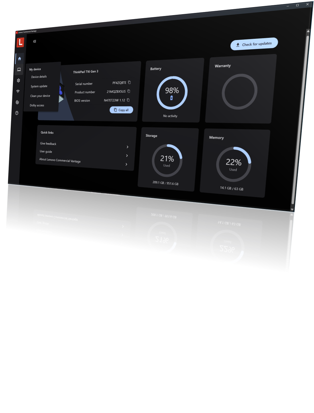 The Commercial Vantage app on a ThinkPad, showing device settings and system update options.