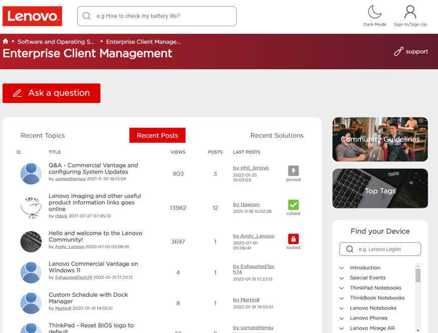 The Enterprise Client Management board on the Lenovo community forums.