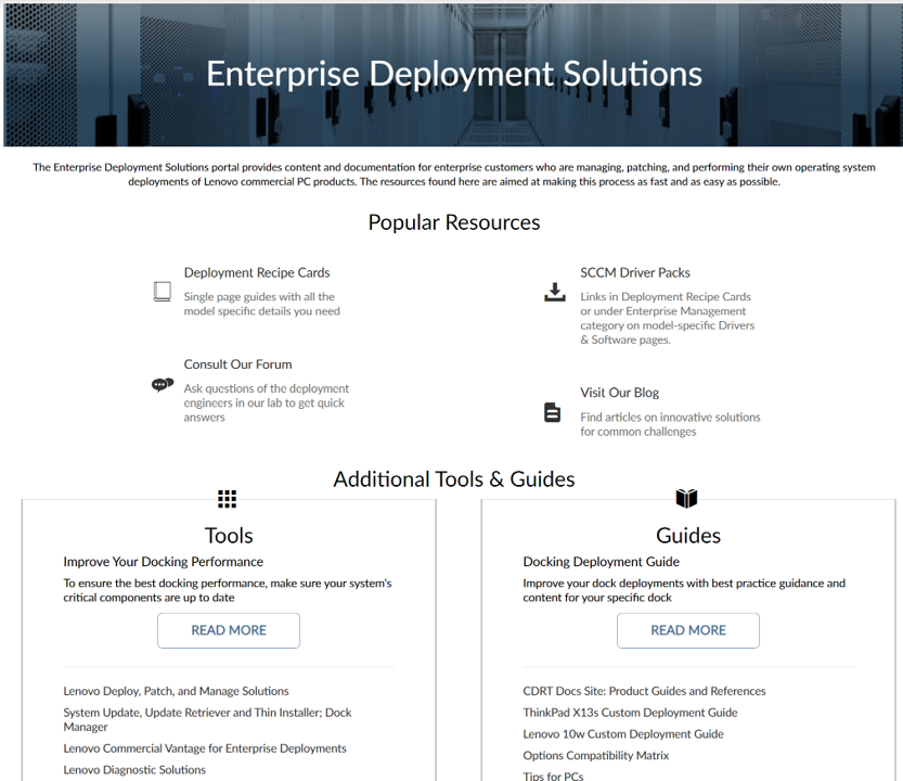 The Enterprise Deployment Solutions page on Lenovo Support, with links to Deployment Recipe Cards, Hardware Driver Packs, Lenovo tools and deployment resources.