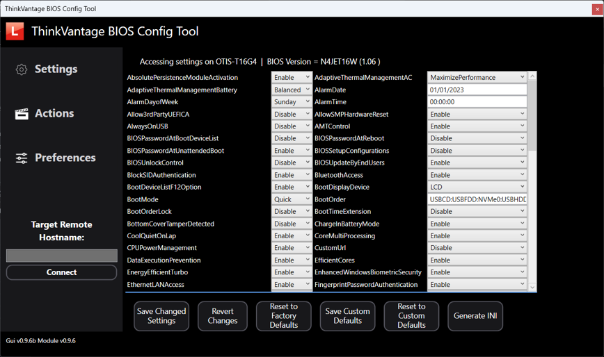 Think BIOS Config Tool V2 showing a list of BIOS settings with their current values and controls to change them.